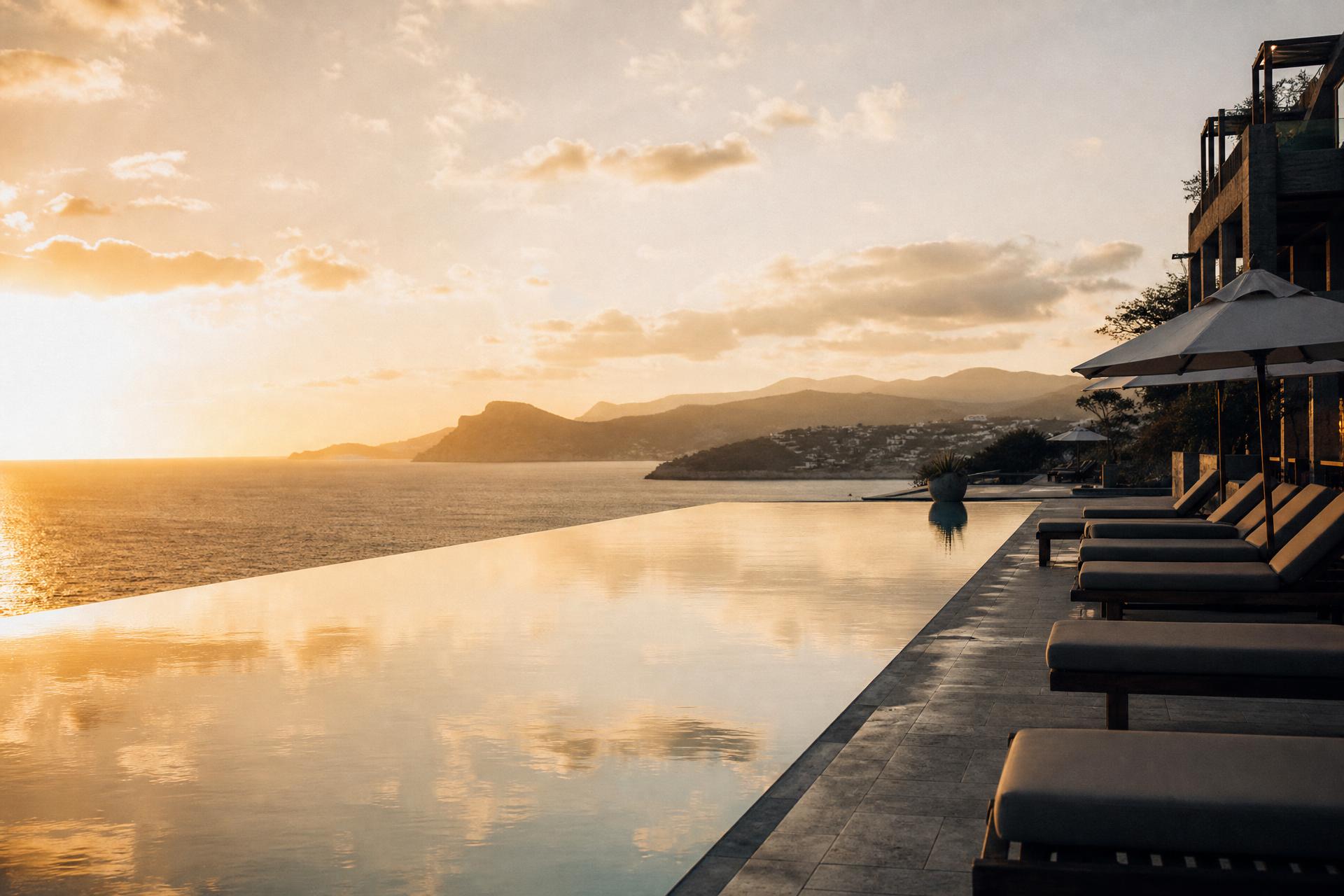 Cinematic view of an infinity pool overlooking the ocean at golden hour